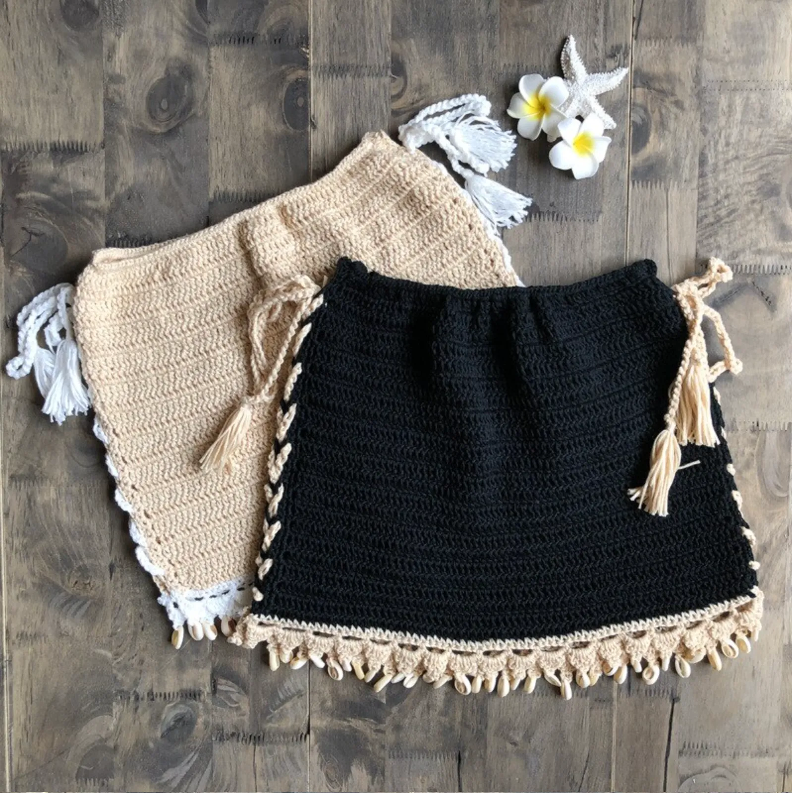 Crochet Cowrie Shell Trimmed Lace Up Mini Skirt - 2 Colours