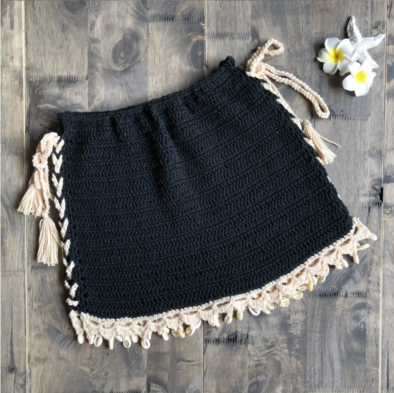 Crochet Cowrie Shell Trimmed Lace Up Mini Skirt - 2 Colours