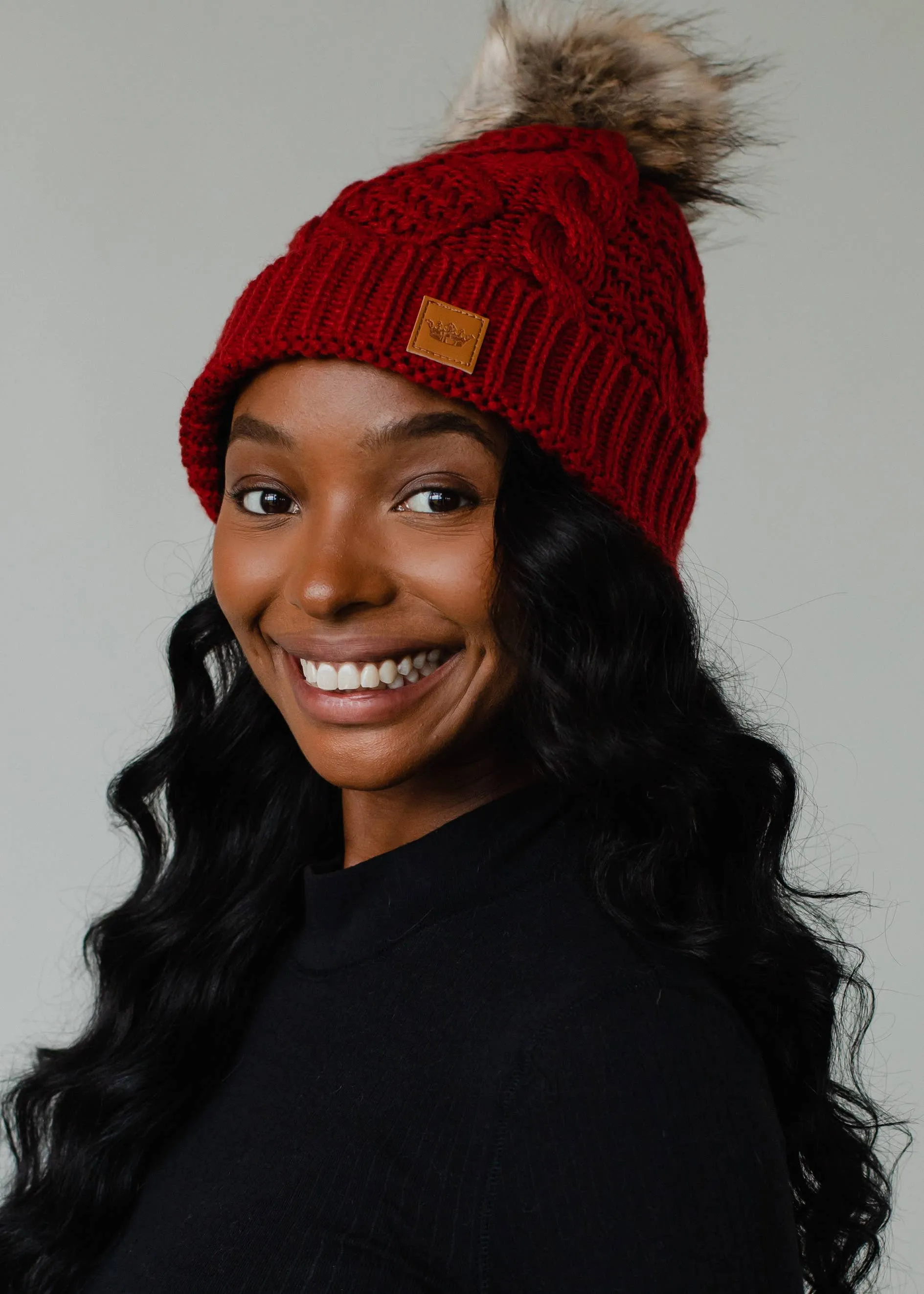 Dark Red Cable Knit Pom Hat *final sale