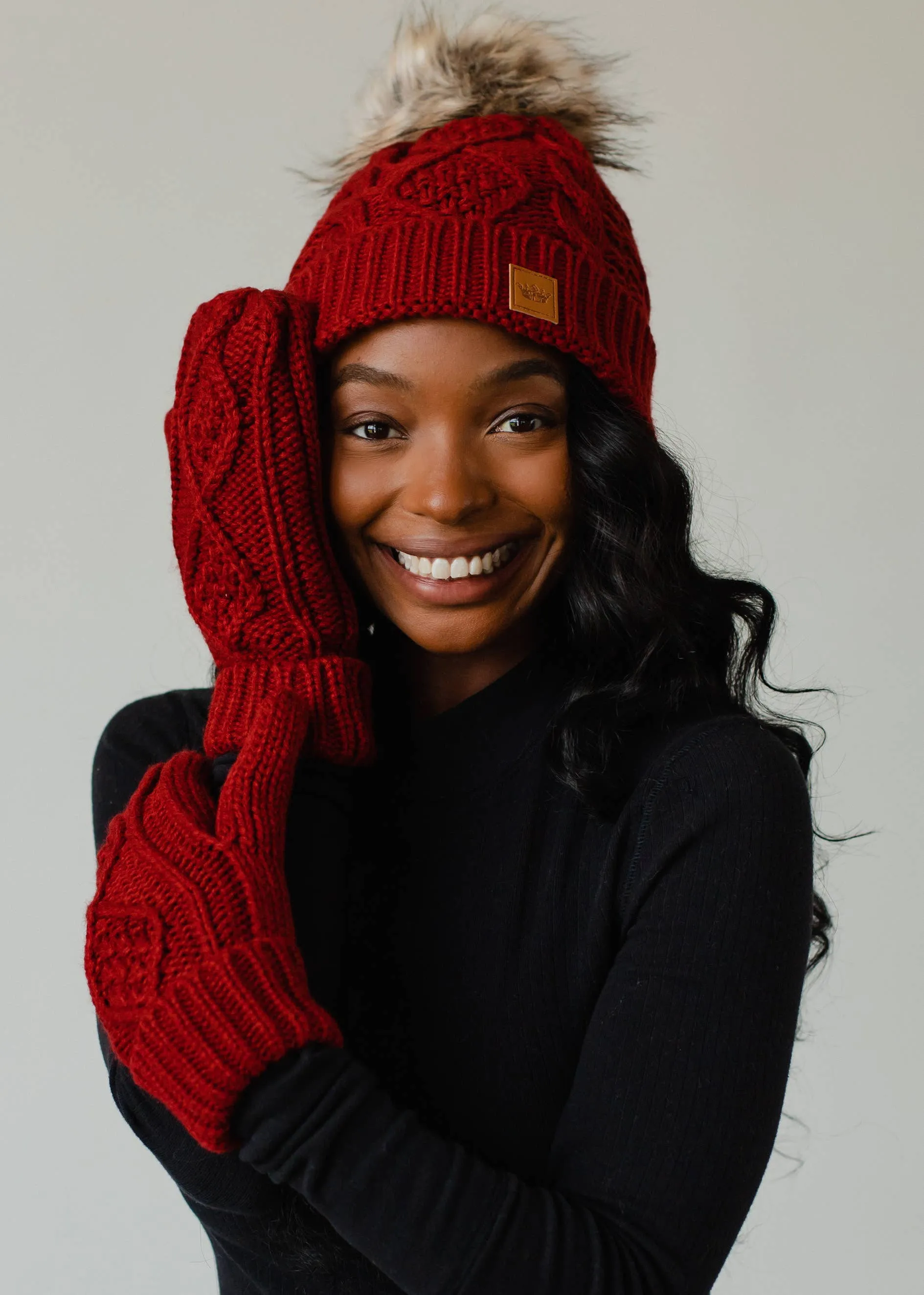 Dark Red Cable Knit Pom Hat *final sale