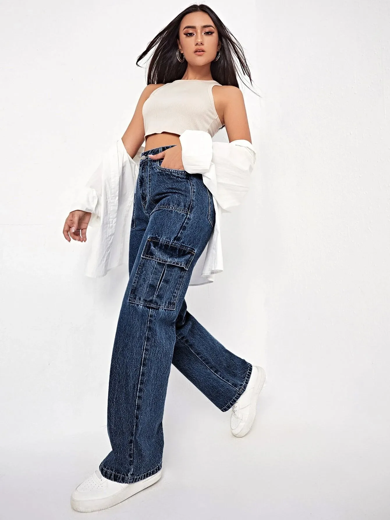 Denim Loose High Waist Cargo Jeans