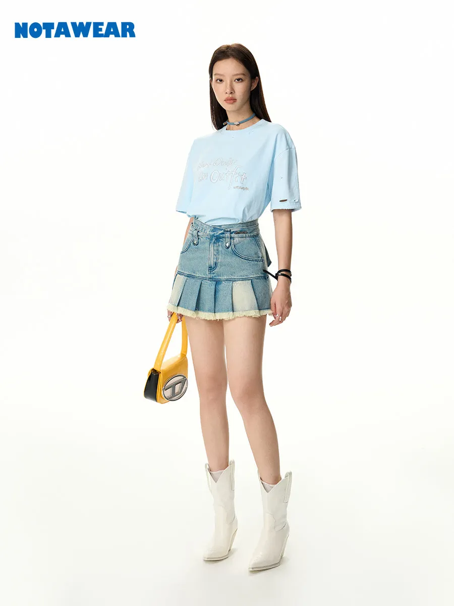 Denim Pleats Flare Tassel Mini-Skirt