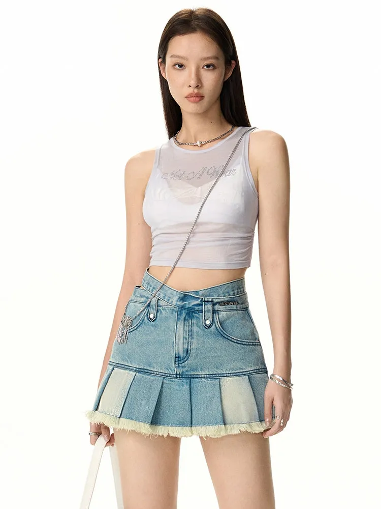 Denim Pleats Flare Tassel Mini-Skirt