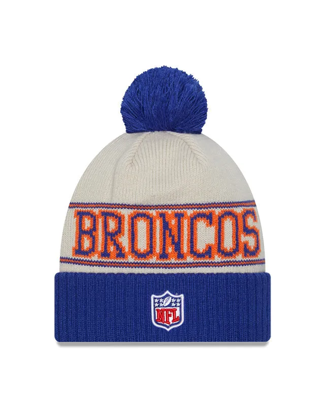 Denver Broncos New Era 2023 Sideline Historic Pom Cuffed Knit Hat - Cream/Royal
