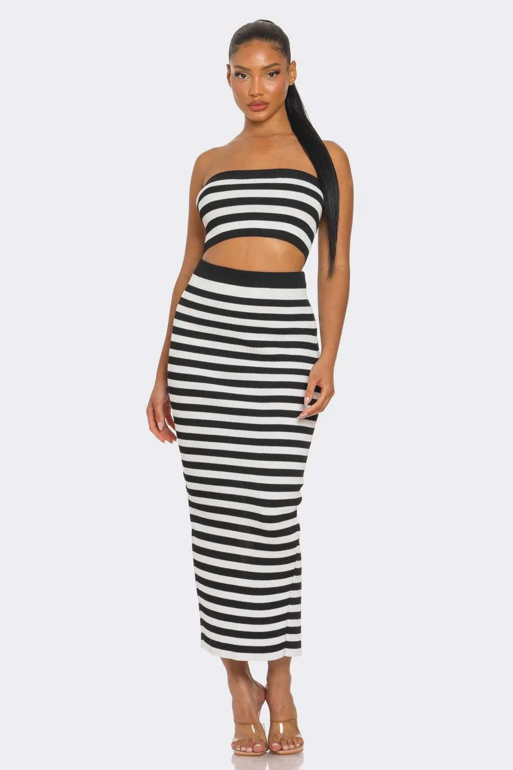 Draya Striped Rib Knit Bandeau Top Maxi Skirt Set