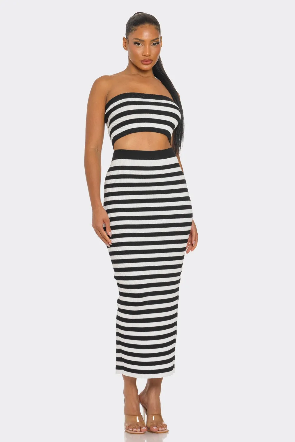 Draya Striped Rib Knit Bandeau Top Maxi Skirt Set