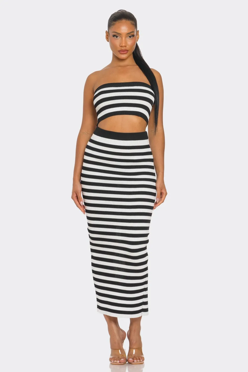 Draya Striped Rib Knit Bandeau Top Maxi Skirt Set