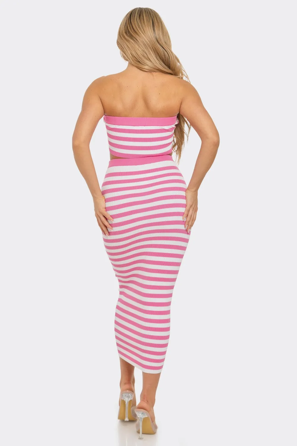 Draya Striped Rib Knit Bandeau Top Maxi Skirt Set