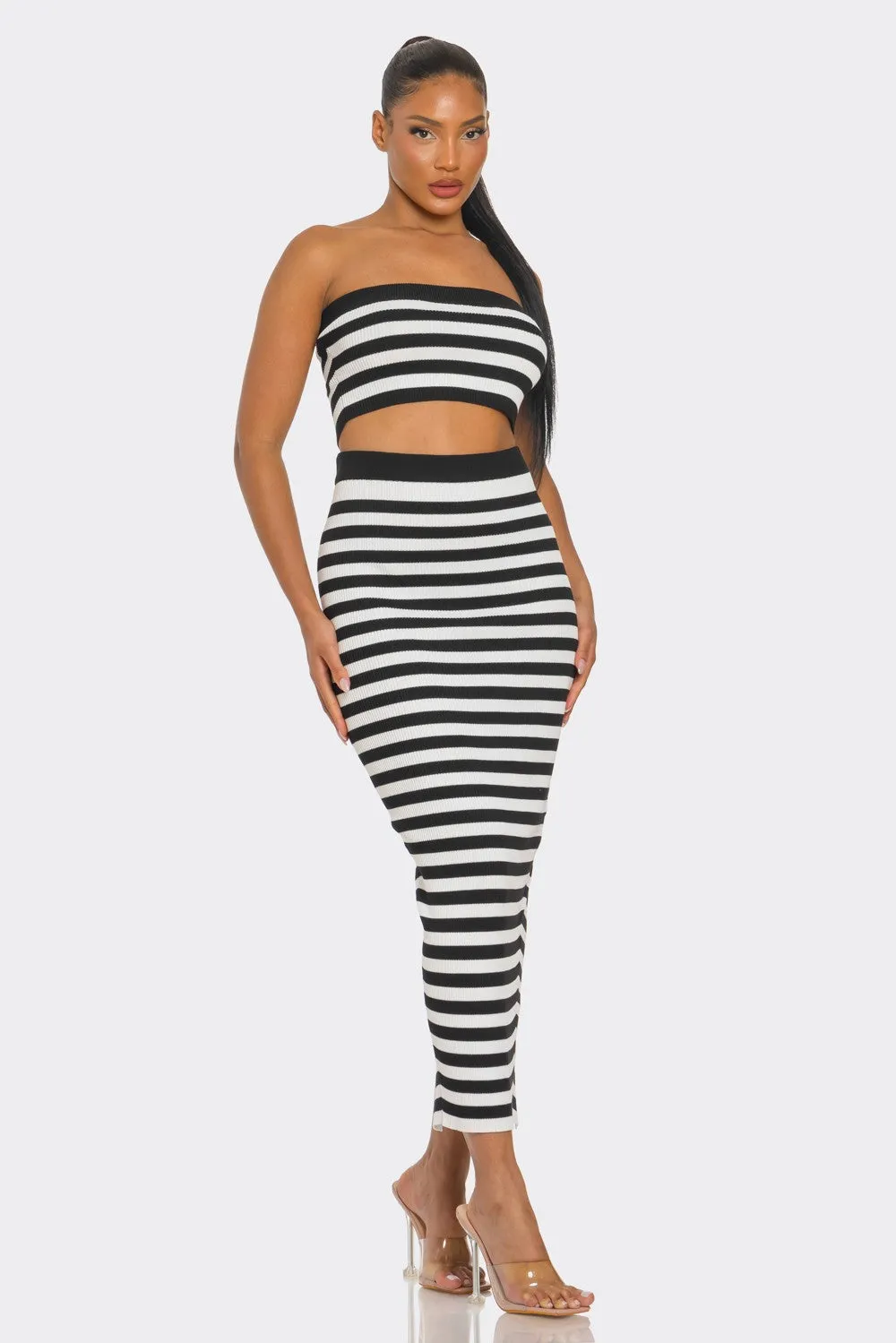 Draya Striped Rib Knit Bandeau Top Maxi Skirt Set