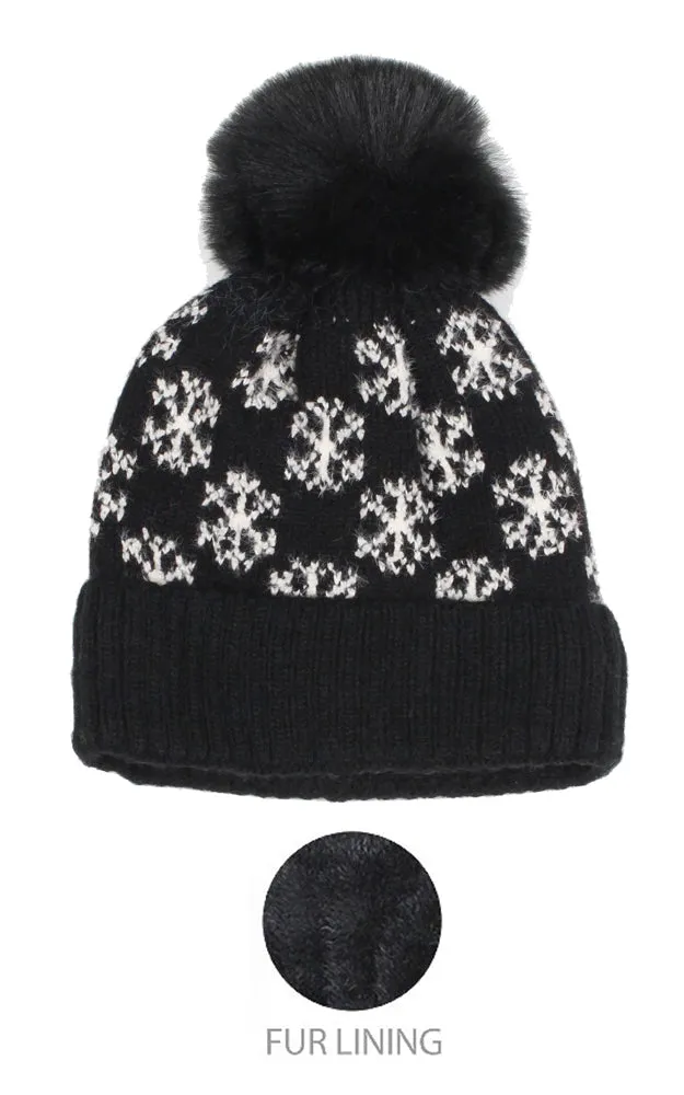 EHT10877 SNOWFLAKE KNIT POMPOM BEANIE