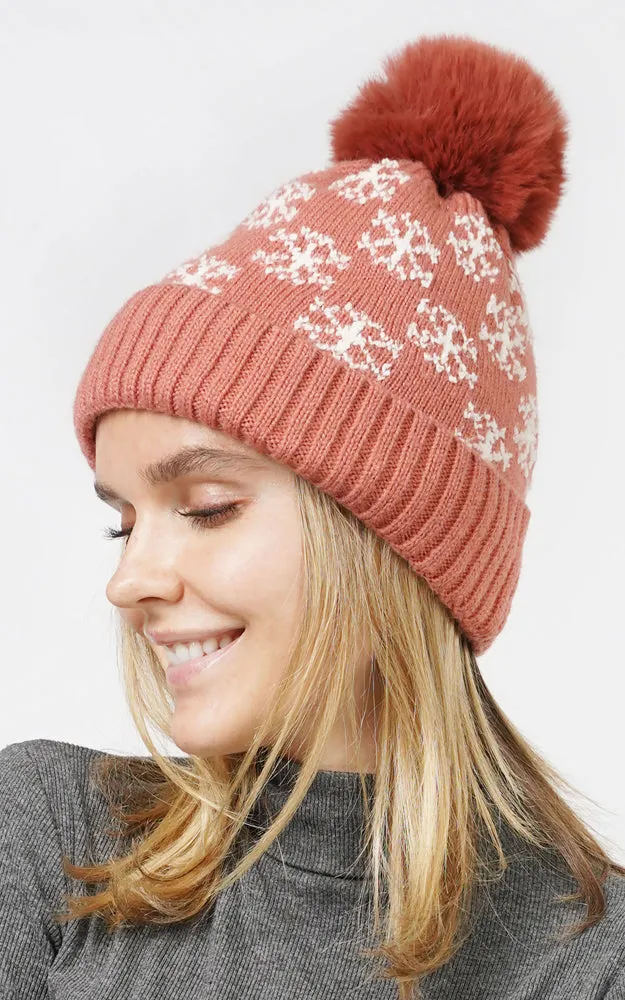 EHT10877 SNOWFLAKE KNIT POMPOM BEANIE