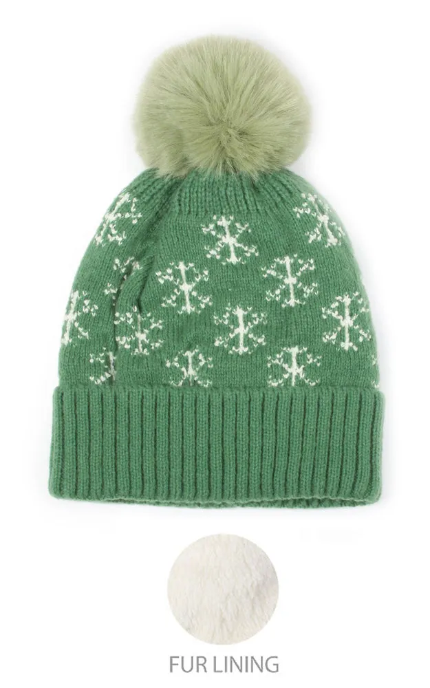 EHT10877 SNOWFLAKE KNIT POMPOM BEANIE