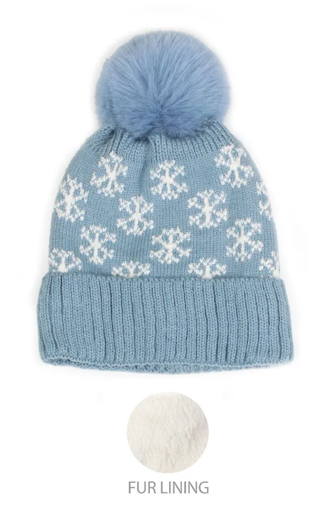 EHT10877 SNOWFLAKE KNIT POMPOM BEANIE