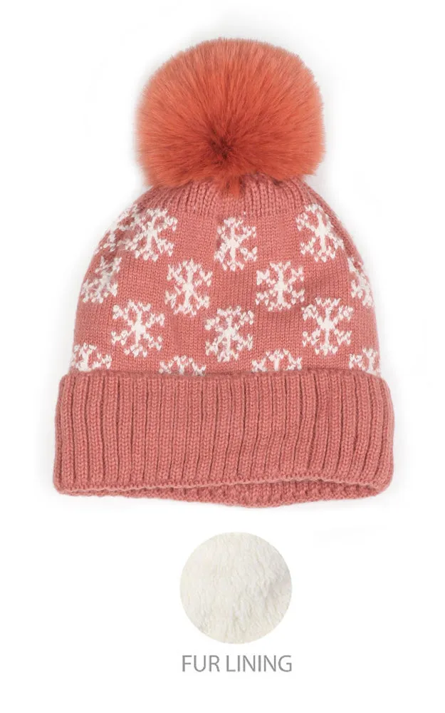 EHT10877 SNOWFLAKE KNIT POMPOM BEANIE