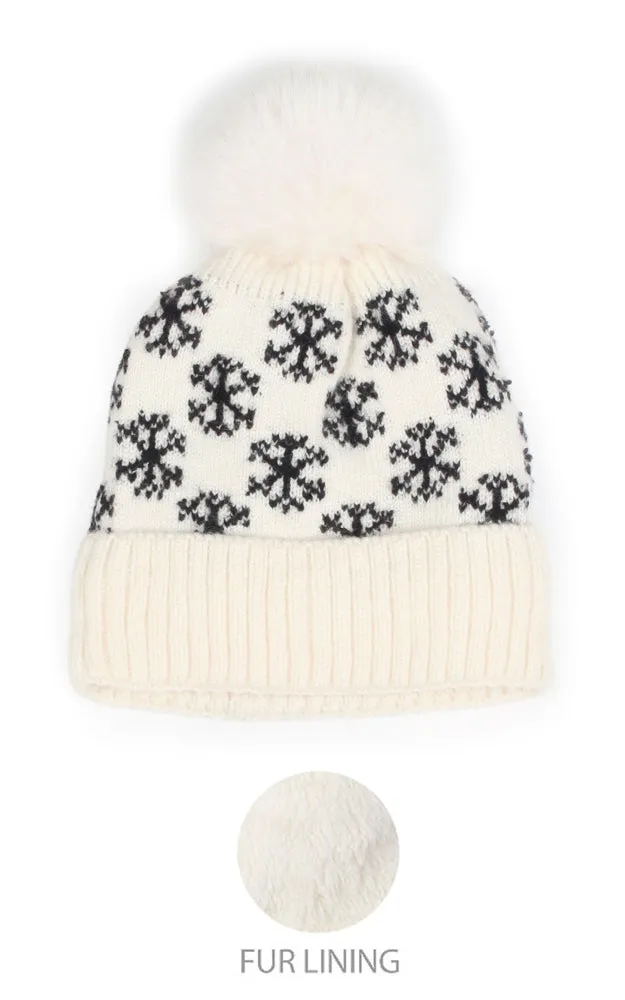 EHT10877 SNOWFLAKE KNIT POMPOM BEANIE