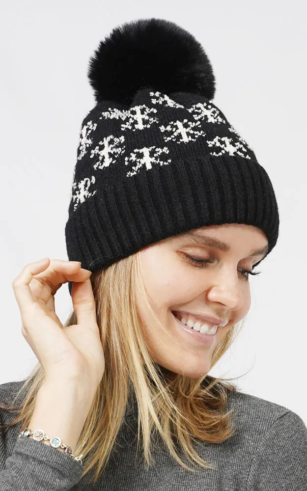 EHT10877 SNOWFLAKE KNIT POMPOM BEANIE