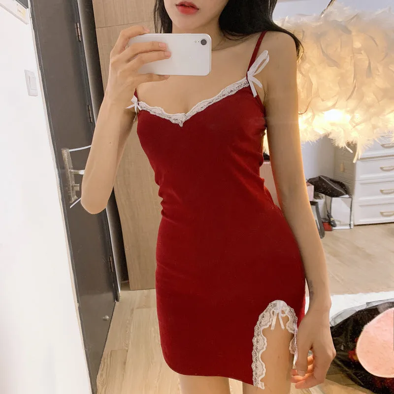 France Niche Vintage Fairy Look Sexy Lace Spliced V-Neck Women Cami Dress