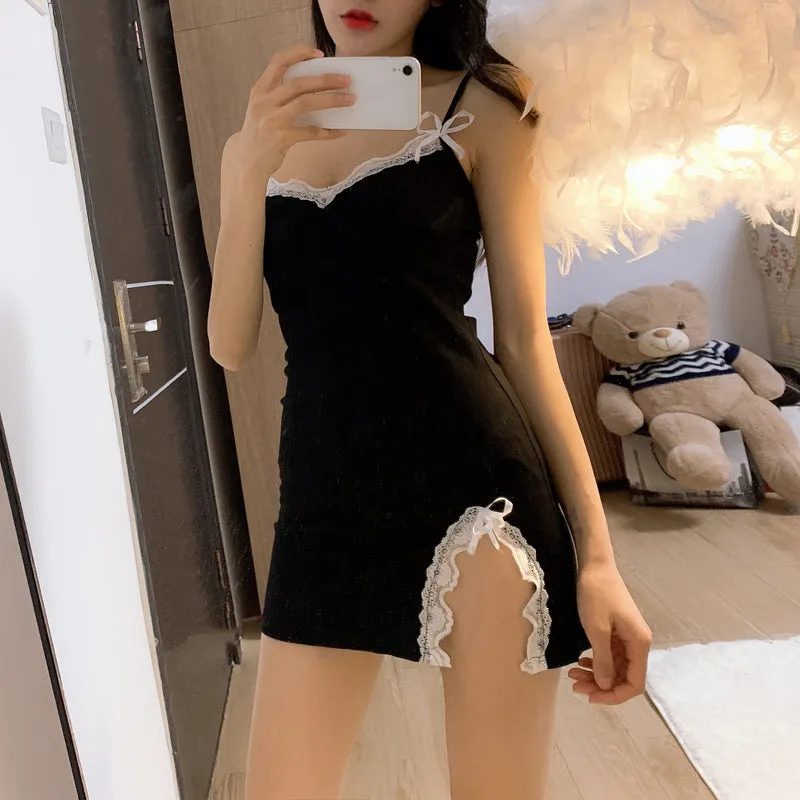 France Niche Vintage Fairy Look Sexy Lace Spliced V-Neck Women Cami Dress