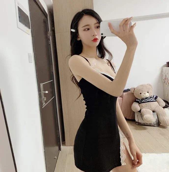 France Niche Vintage Fairy Look Sexy Lace Spliced V-Neck Women Cami Dress