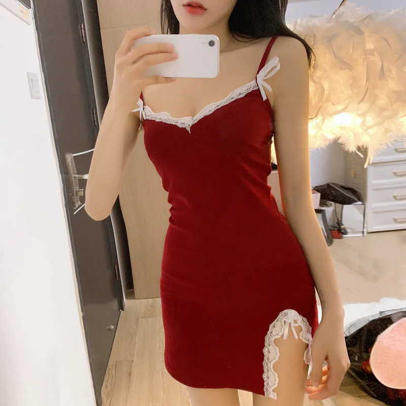France Niche Vintage Fairy Look Sexy Lace Spliced V-Neck Women Cami Dress