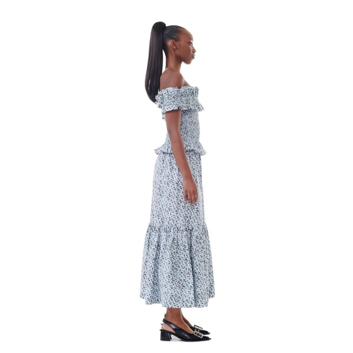 Ganni Printed Cotton Maxi Flounce Skirt