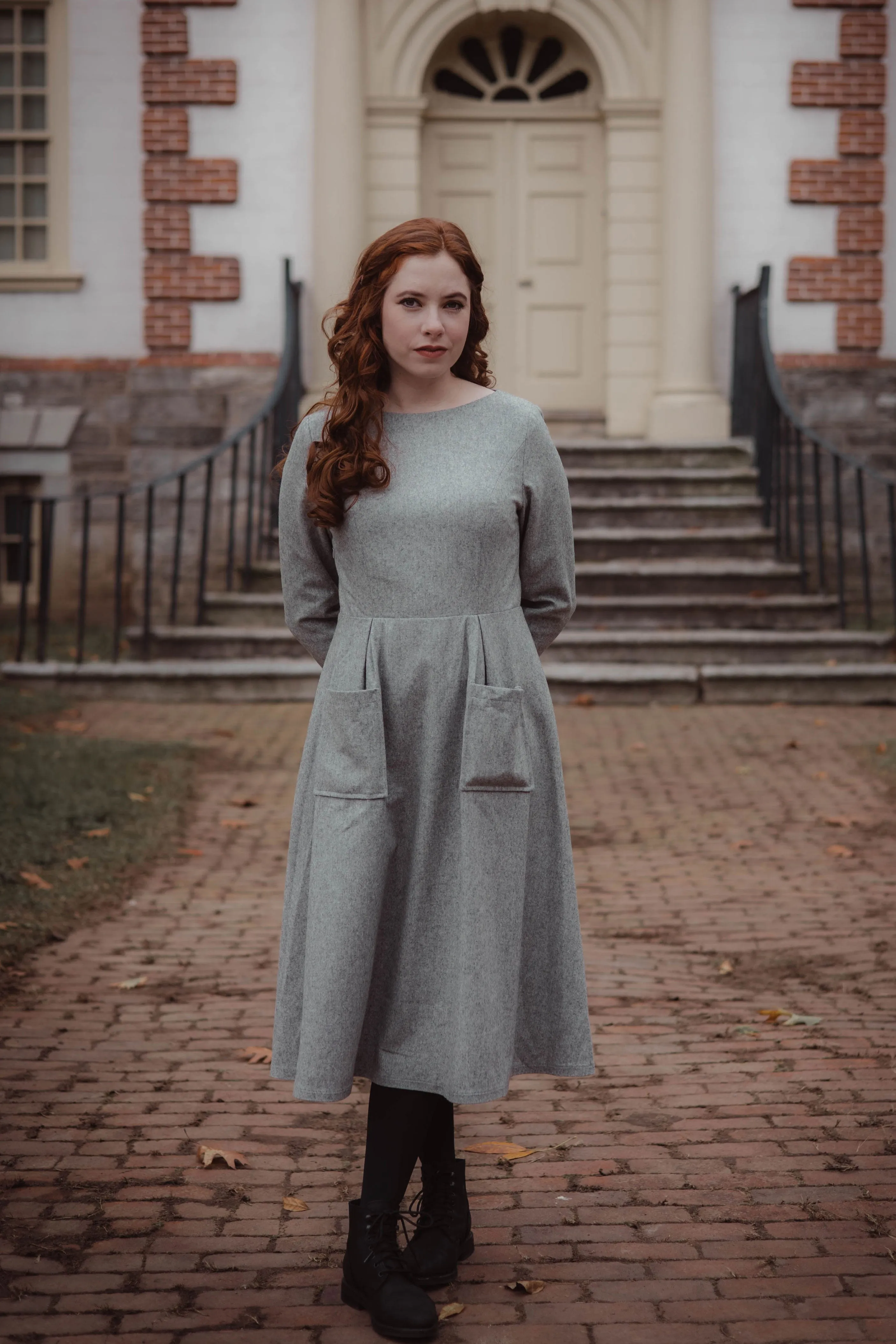 Gray Winter Long SleeveWool Dress Women 3258