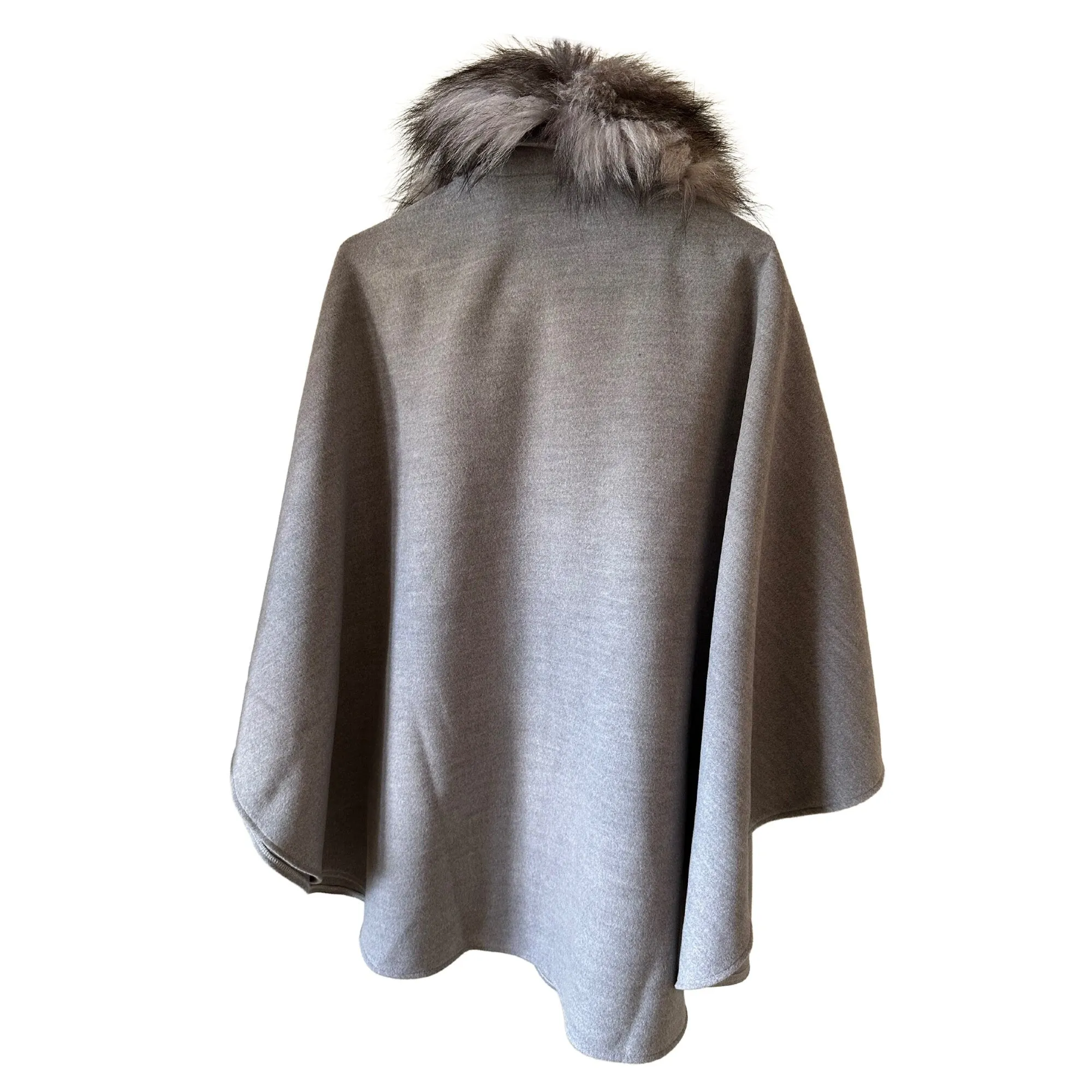 Grey Classic Feminine Woolen blend Overcoat Cape Coat Detachable fox fur collar