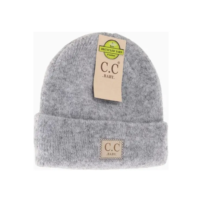 Heather Light Grey Soft Ribbed Leather Patch C.C. Newborn Knit Hat