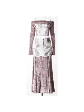 Hit Color Two Piece Set for Women Slash Neck Long Sleeve Top High Waist Chic Loose Skirt Chic Sets Female