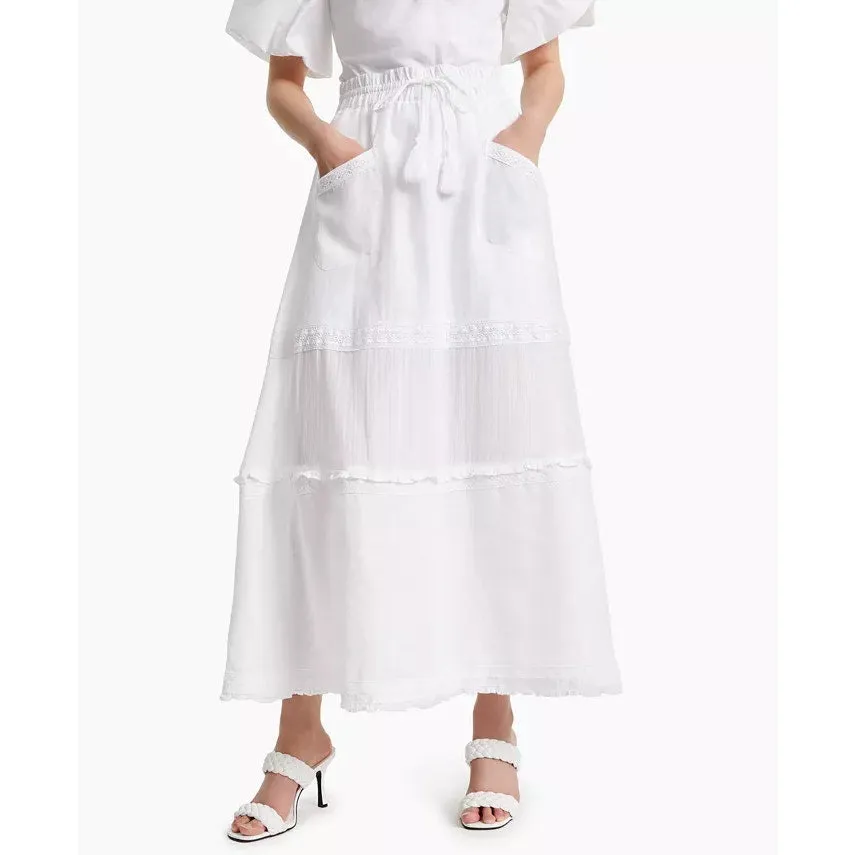 INC INTERNATIONAL CONCEPTS Women's Bright White Lace Linen Drawstring Skirt SZ L
