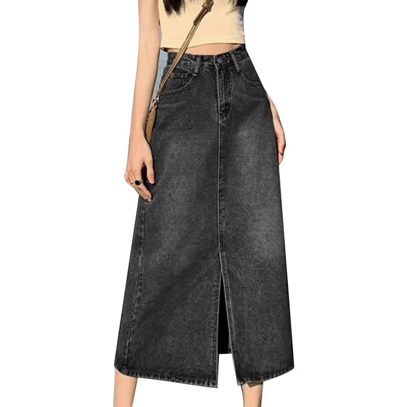 Korean Style Solid Denim High-Waist Long Midi Skirt Bottoml