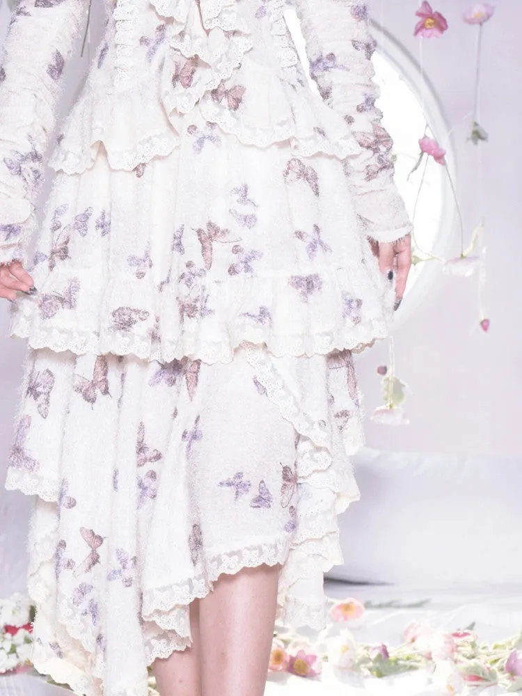 Lace Butterfly Asymmetry Gothic Tiered Long-Skirt