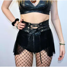 Lace-Up Corset Skirt - Black Mesh w/ Black Shattered Glass