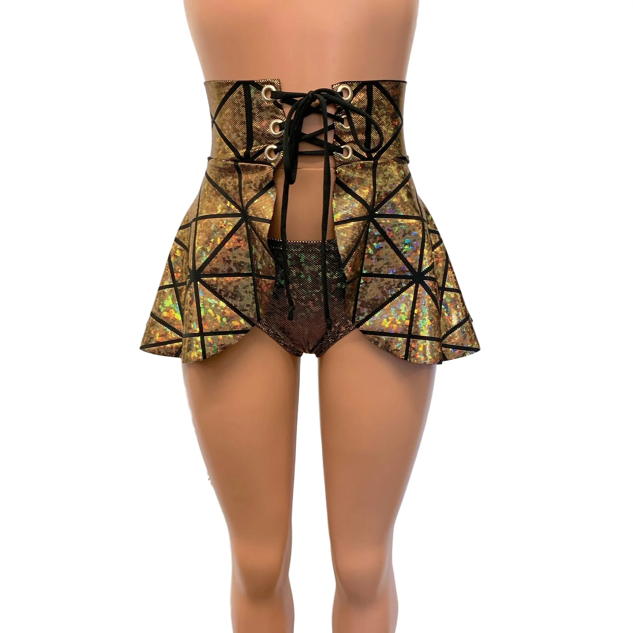 Lace-Up Corset Skirt - Glass Pane Holographic Gold or Silver