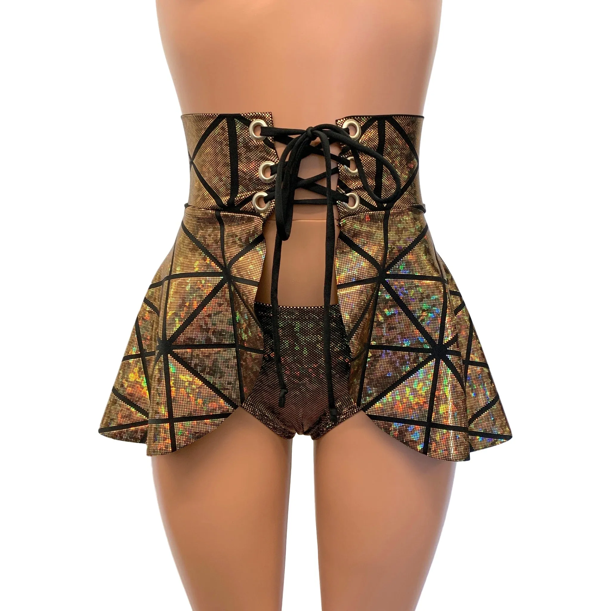 Lace-Up Corset Skirt - Glass Pane Holographic Gold or Silver