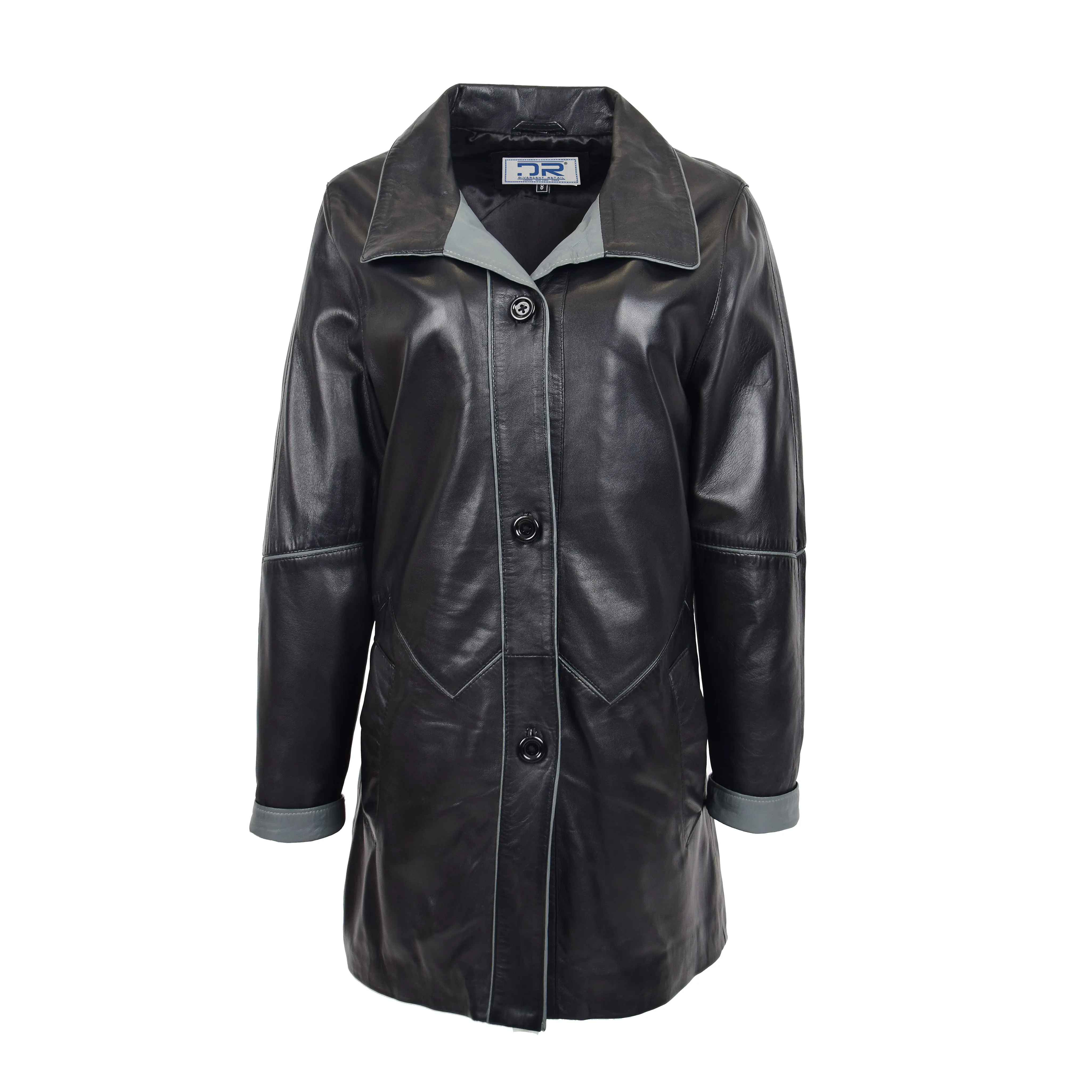 Ladies Classic Parka Real Leather Coat Trim Jacket Black-Grey Elara