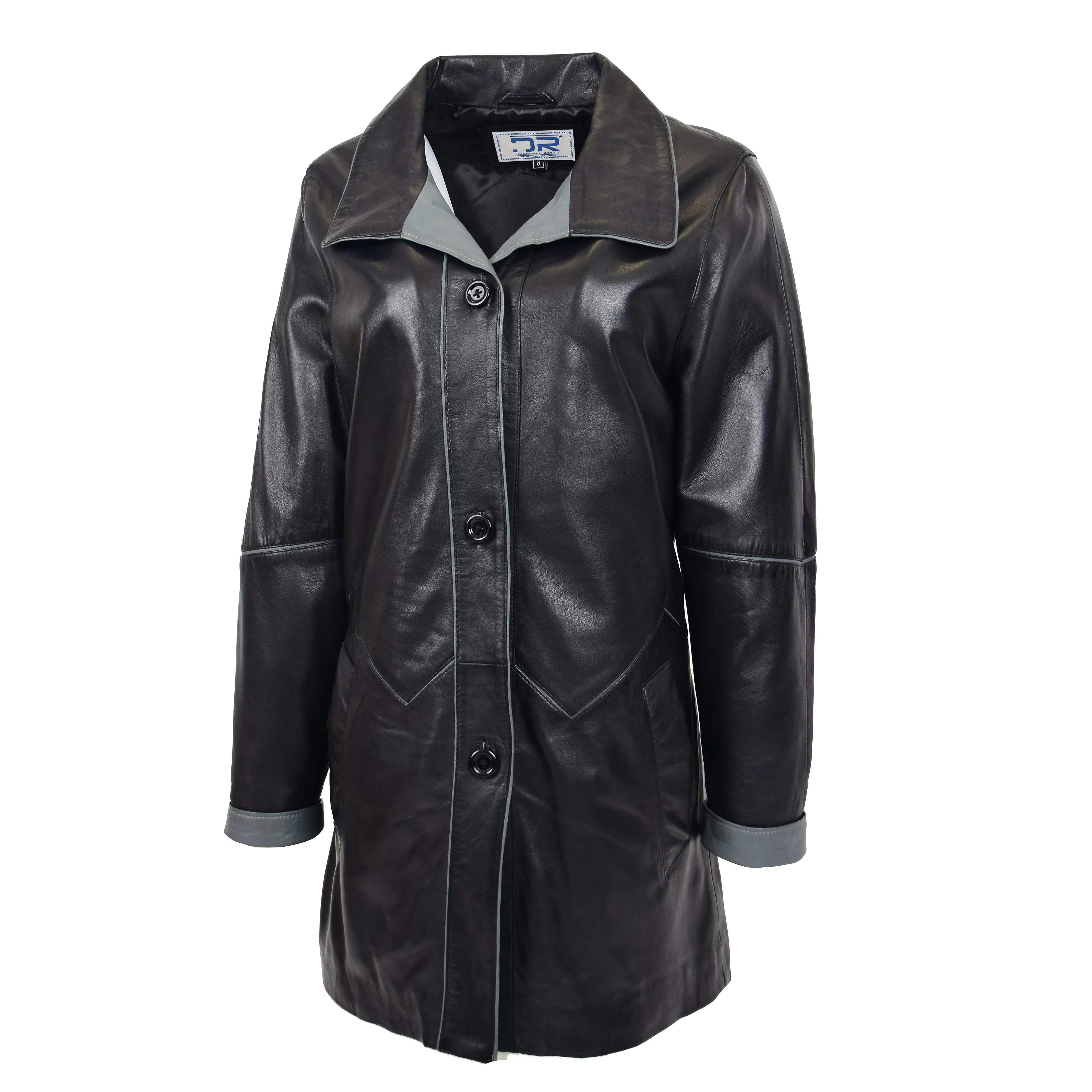 Ladies Classic Parka Real Leather Coat Trim Jacket Black-Grey Elara