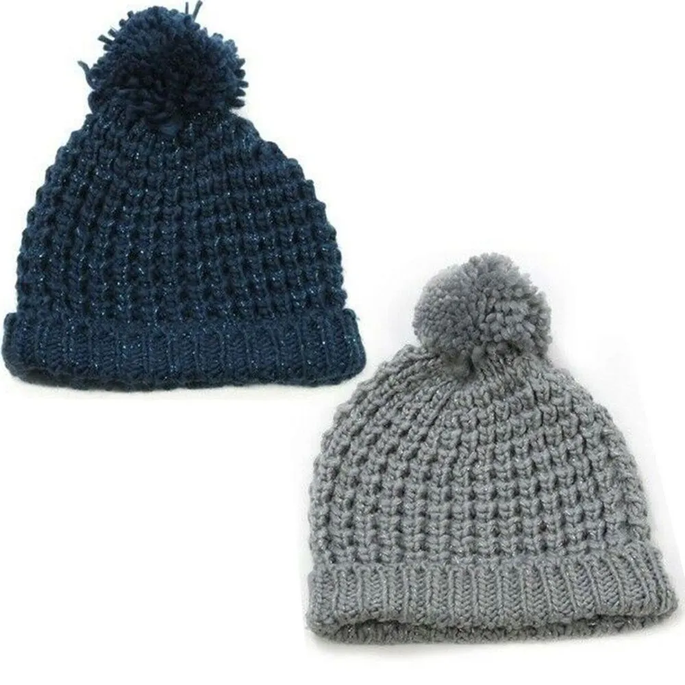 Ladies Winter Knitted Beanie with Bobble Pom Pom, Grey or Blue