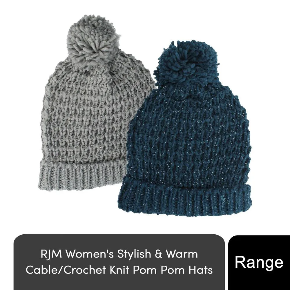 Ladies Winter Knitted Beanie with Bobble Pom Pom, Grey or Blue