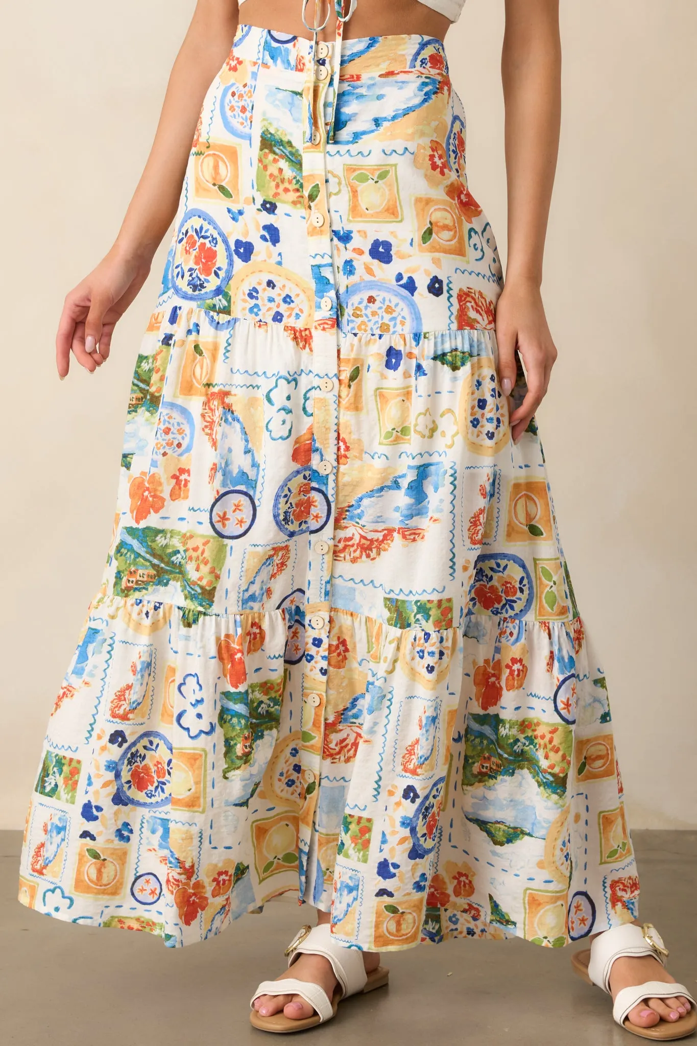 Lagoon Daydreams Blue Multi Watercolor Print Maxi Skirt