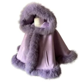 Lavander Women Winter Coat Cape Trim Fox Fur, Women's Poncho Jacket lined, Short Women's coat with a hood