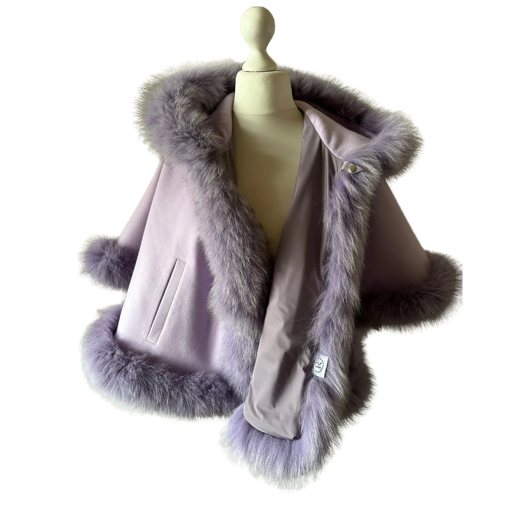 Lavander Women Winter Coat Cape Trim Fox Fur, Women's Poncho Jacket lined, Short Women's coat with a hood