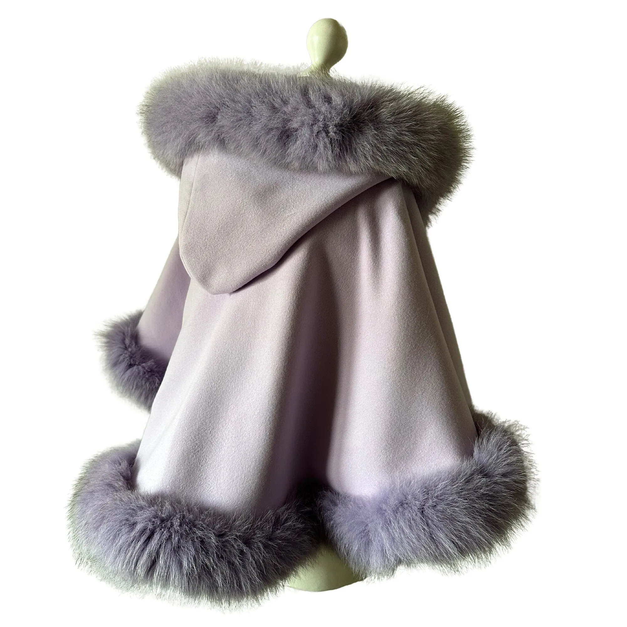 Lavander Women Winter Coat Cape Trim Fox Fur, Women's Poncho Jacket lined, Short Women's coat with a hood