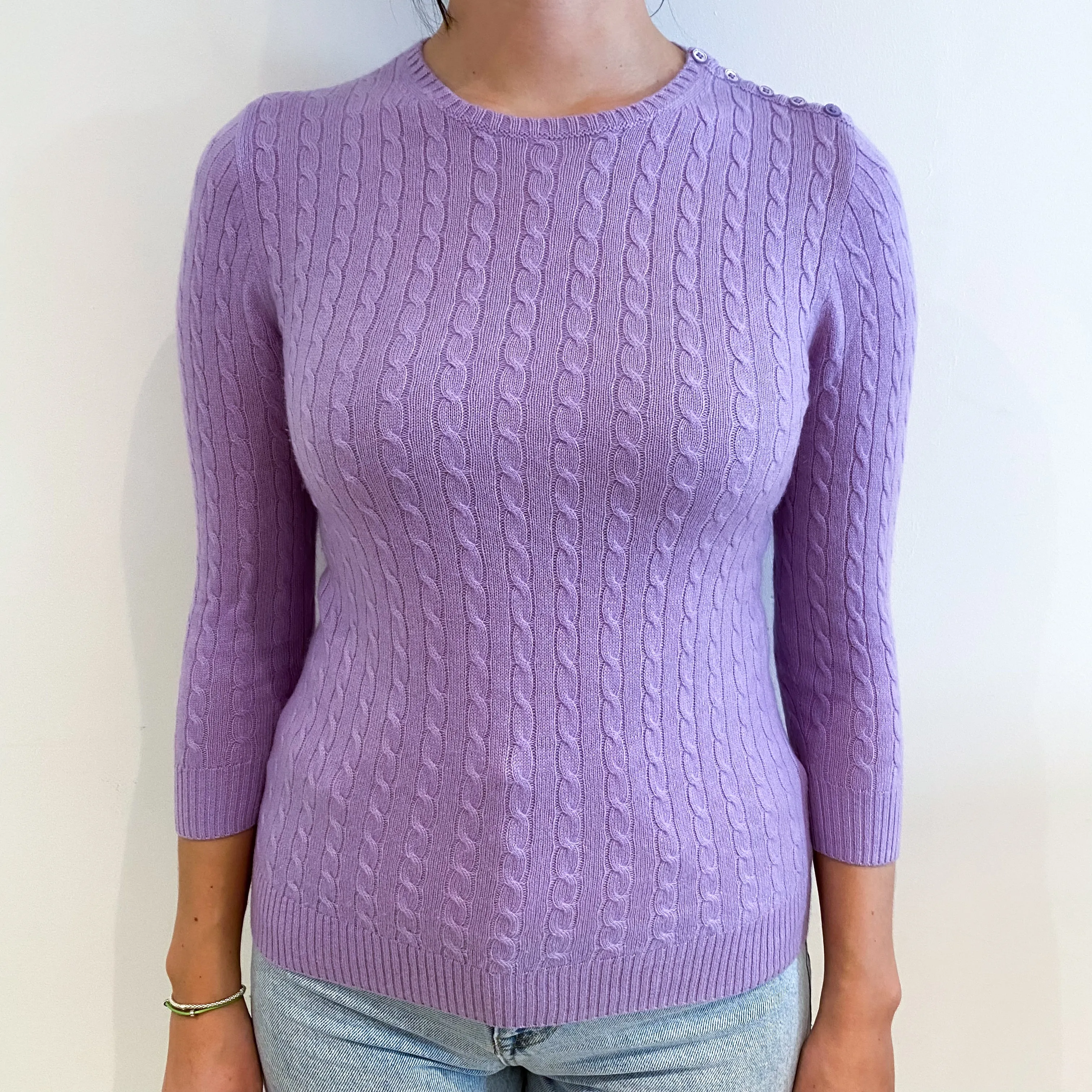 Lavender Purple Cable Cashmere Crew Neck Jumper Small