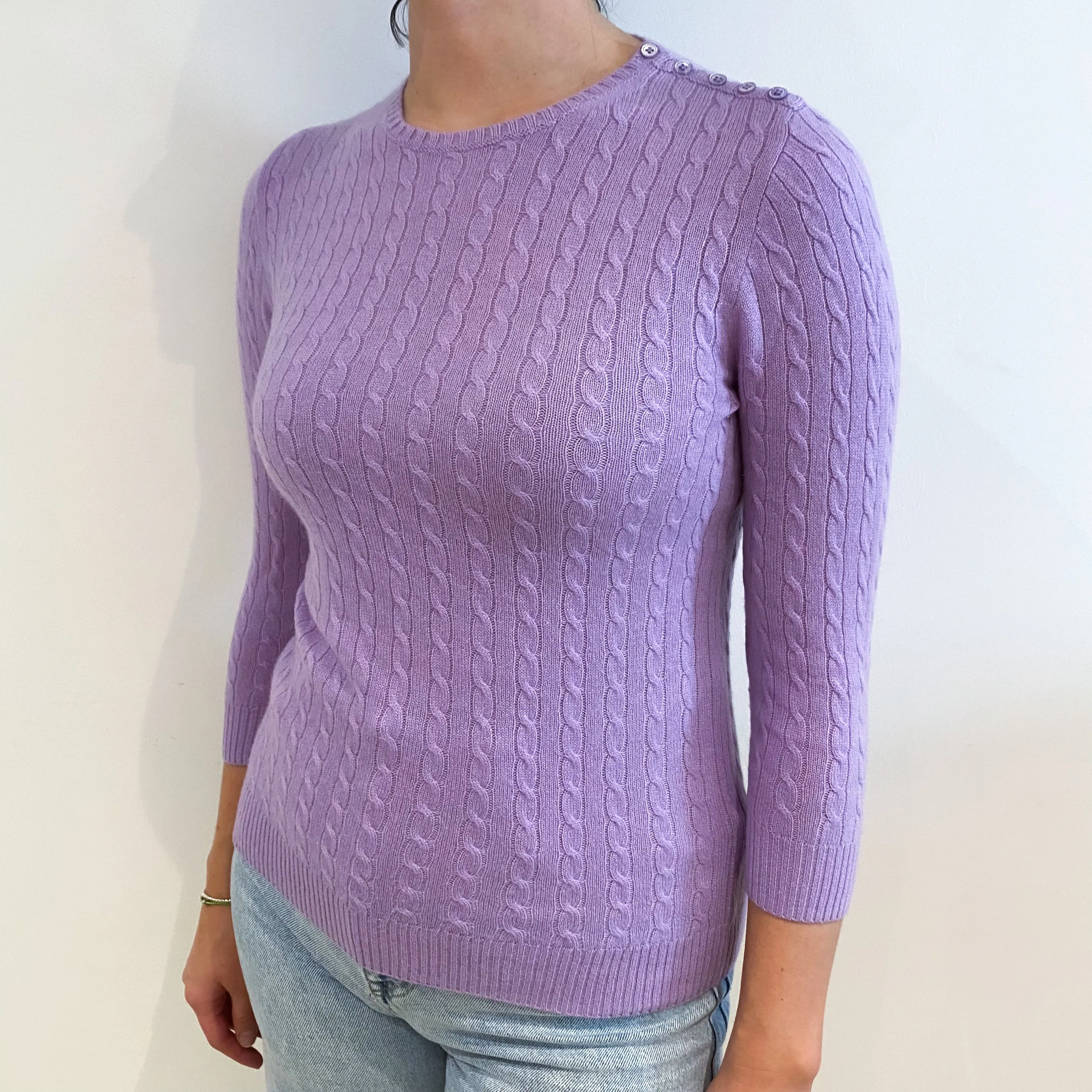 Lavender Purple Cable Cashmere Crew Neck Jumper Small