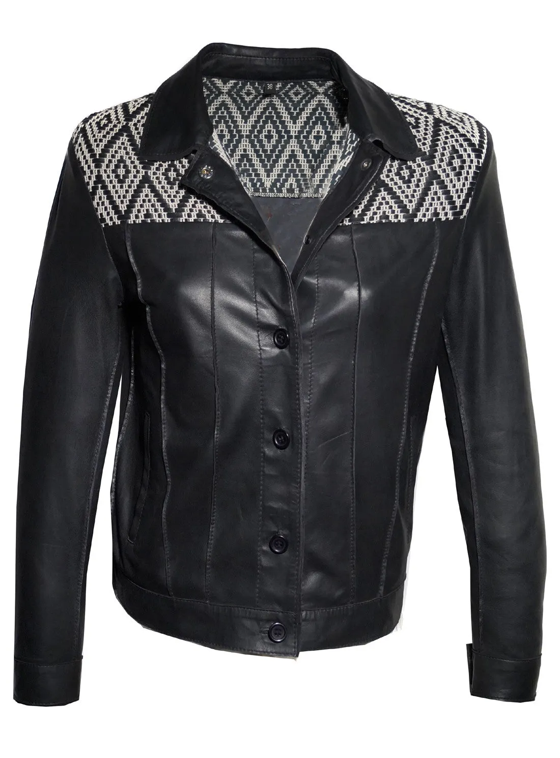 Leather Short Jacket with Jacquard Leather Weave at Front and Back Yoke.