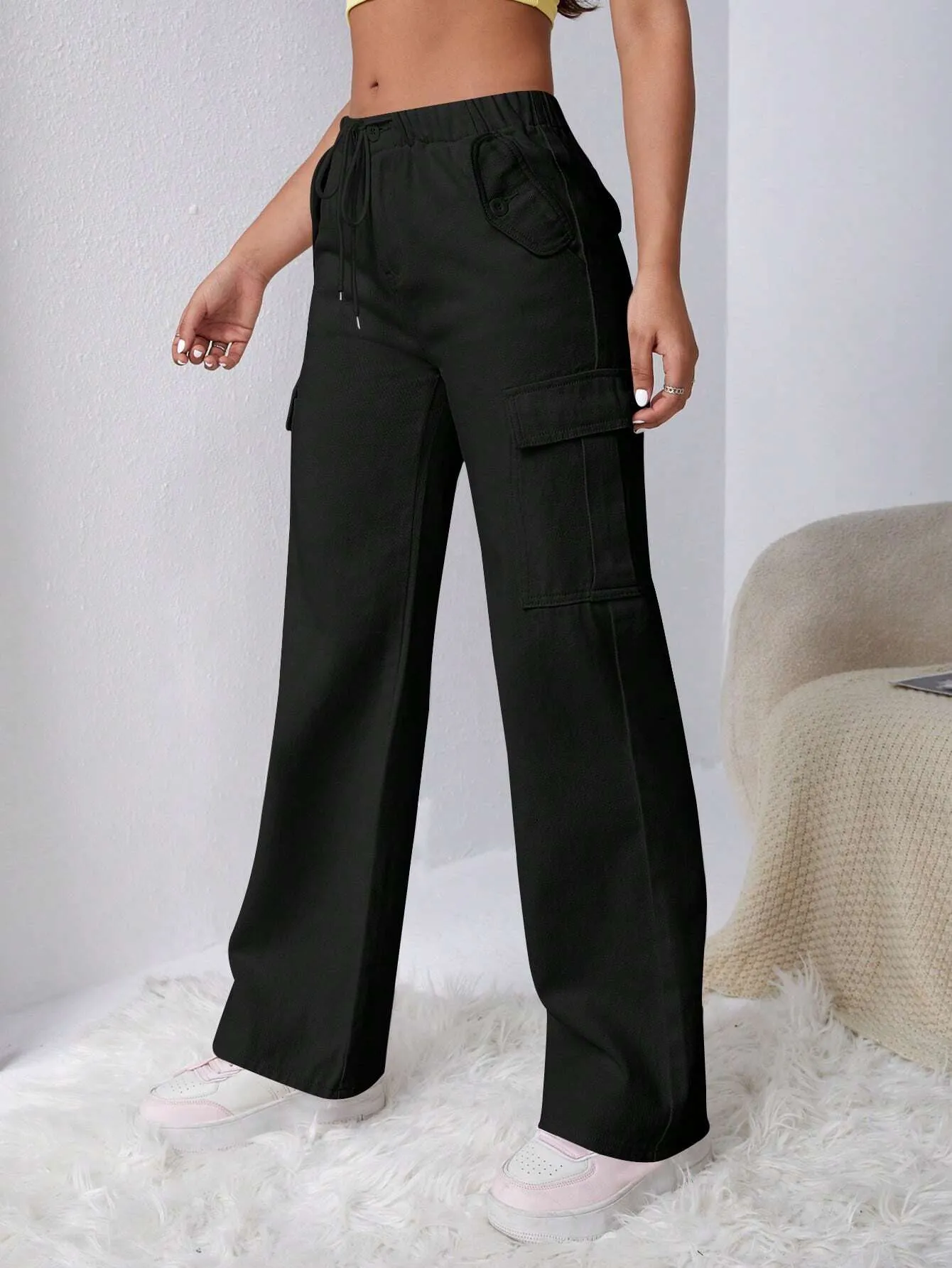 Long Length Regular Fit Denim Cargo Pants
