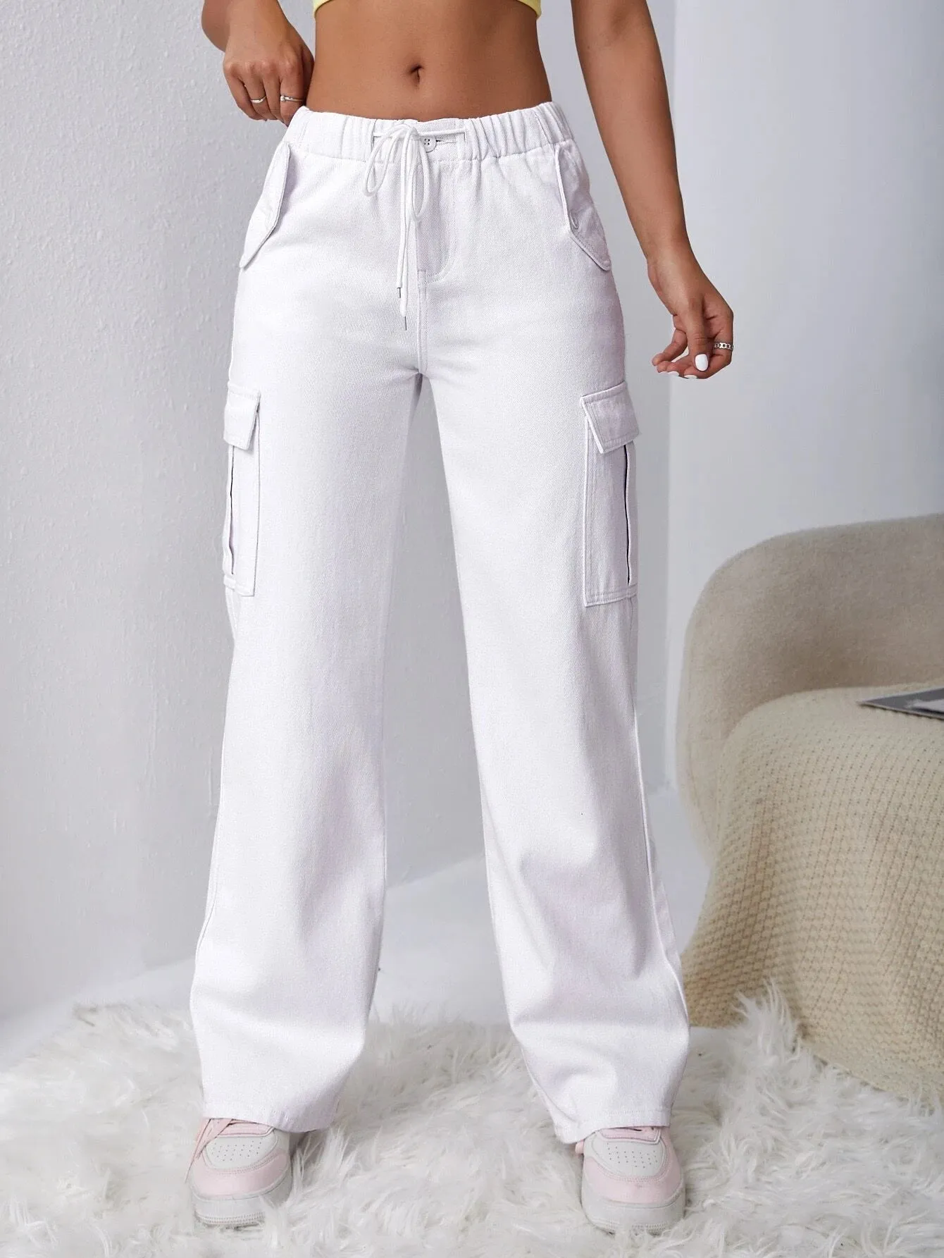 Long Length Regular Fit Denim Cargo Pants