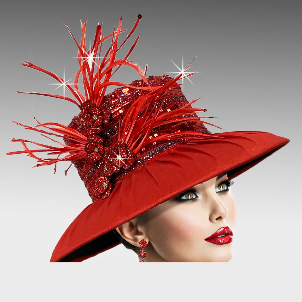 Mason - Feather & Jewel Hat - Red