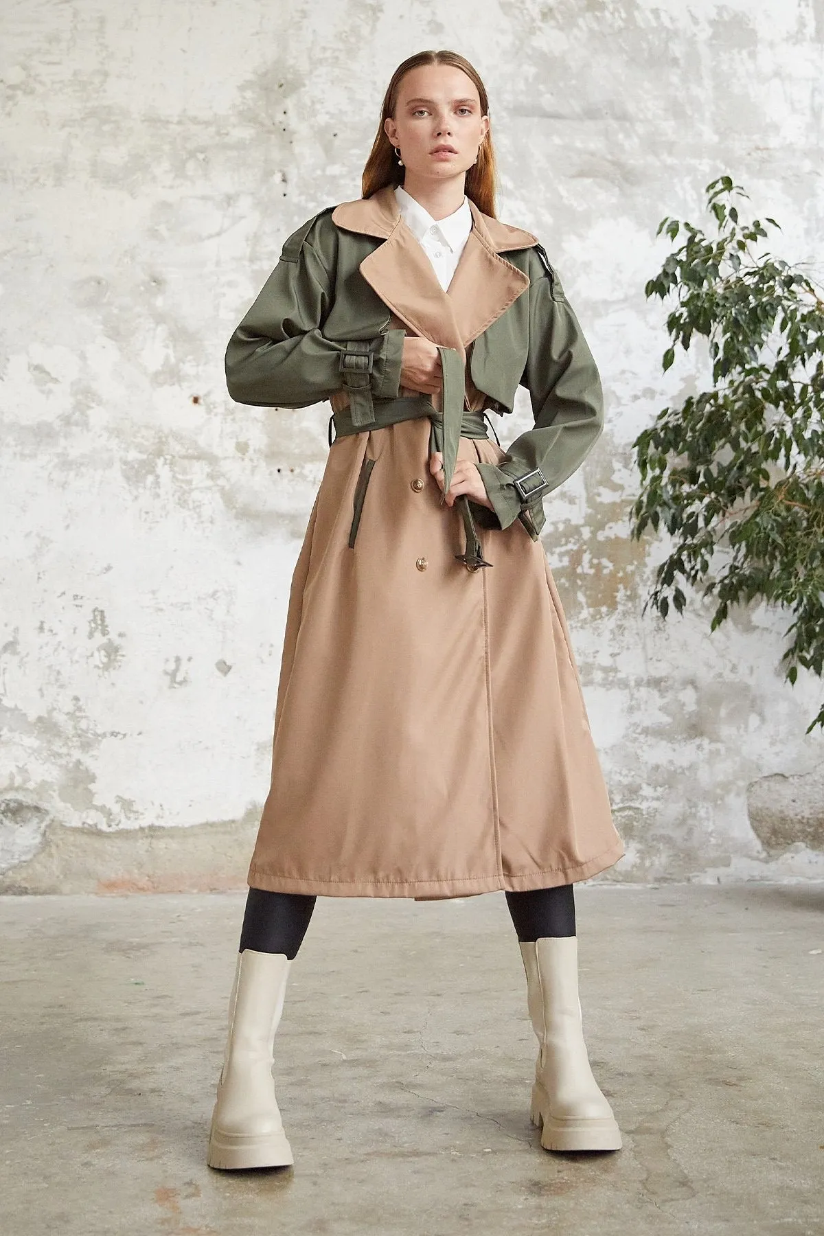 MDS Women Two-Tone Epaulet Detail Trench Coat - Khaki - Oviedo
